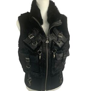 Dereon Black Faux Fur Vest with Leather Accents